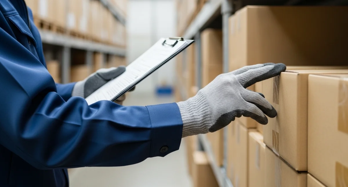 自動梱包後に人が目視検査を行うシーン