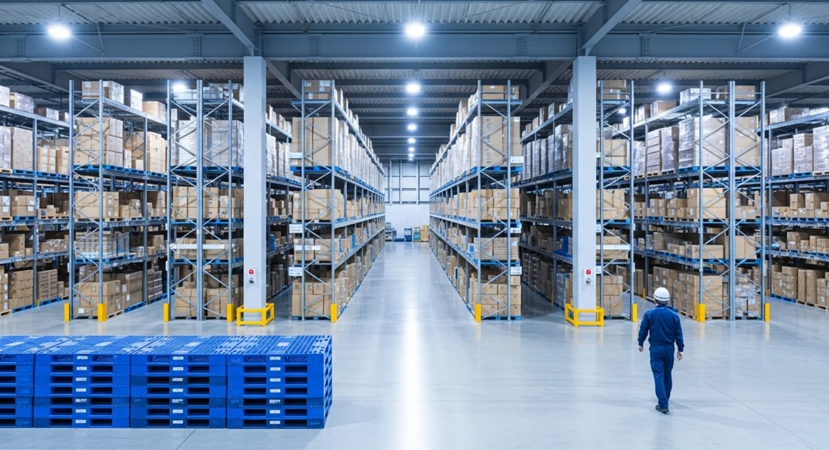 自動梱包機が稼働する物流倉庫の全景