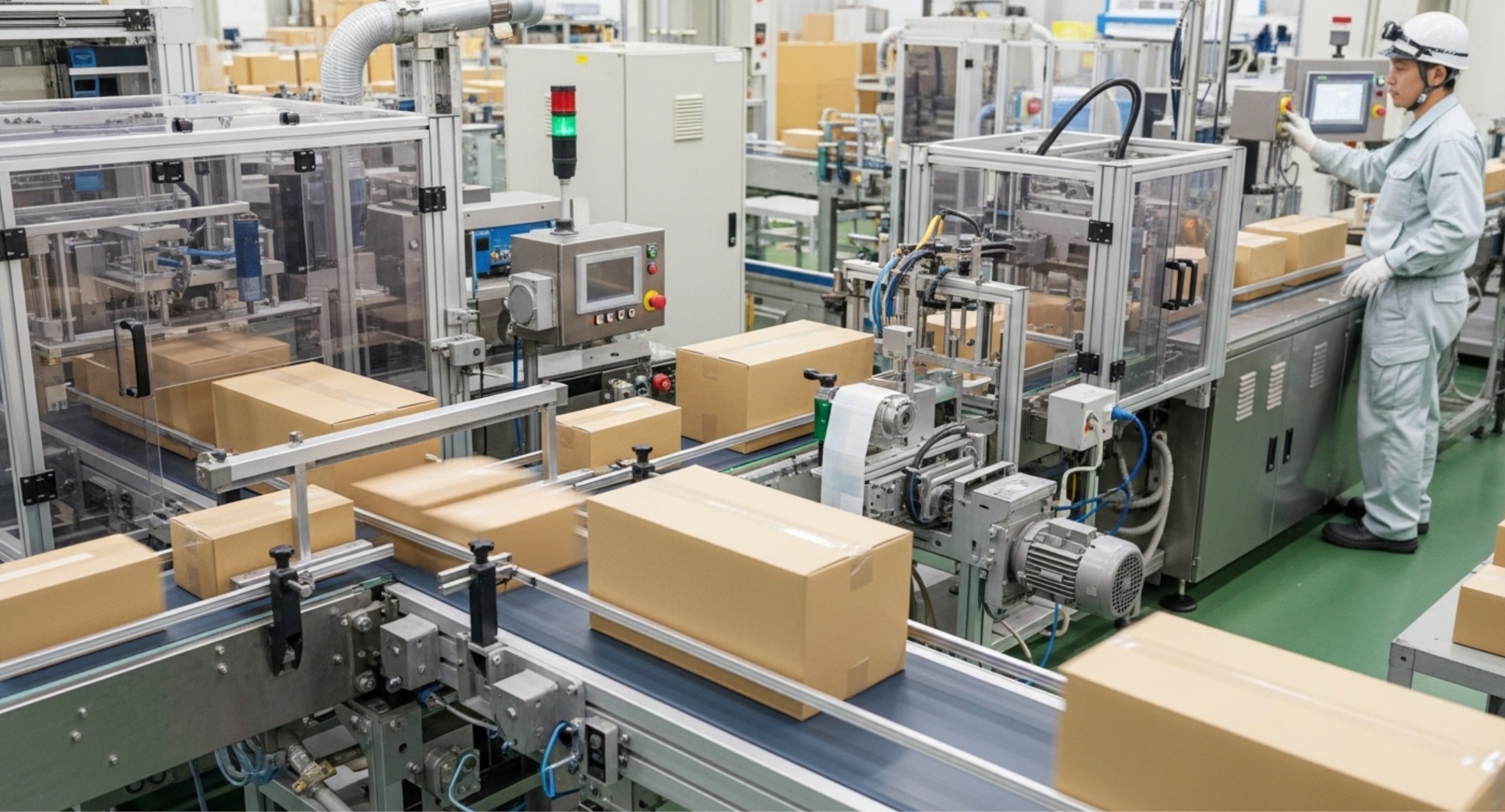 越境EC向け自動梱包ライン導入で1日2,000個発送体制を構築した事例と効果を示す構成図