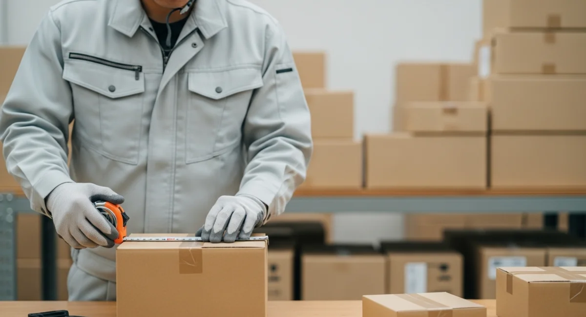 ダンボールのサイズ採寸・仕様チェック作業の様子