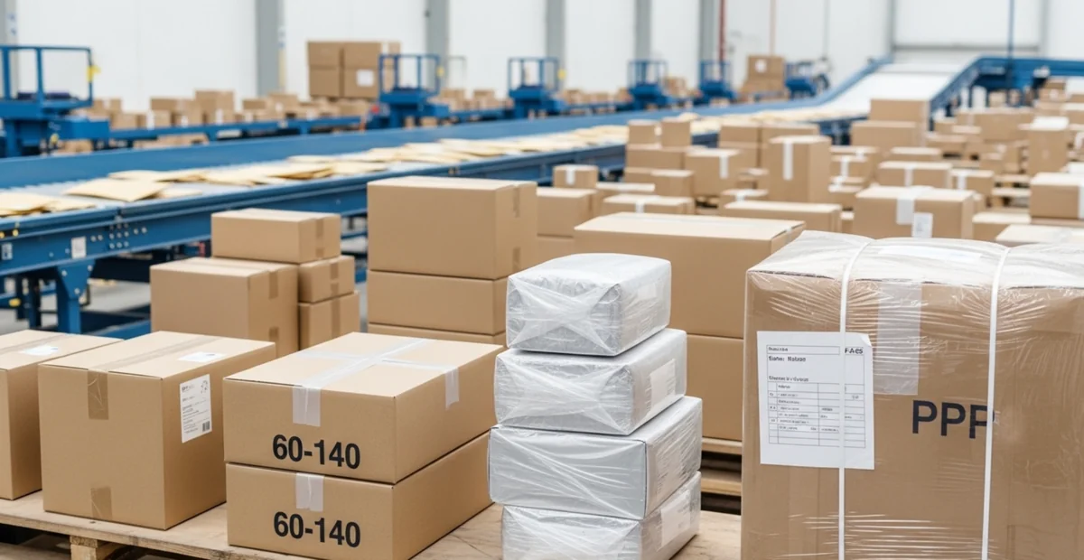 倉庫でサイズ別に仕分けされた出荷品の梱包シーン