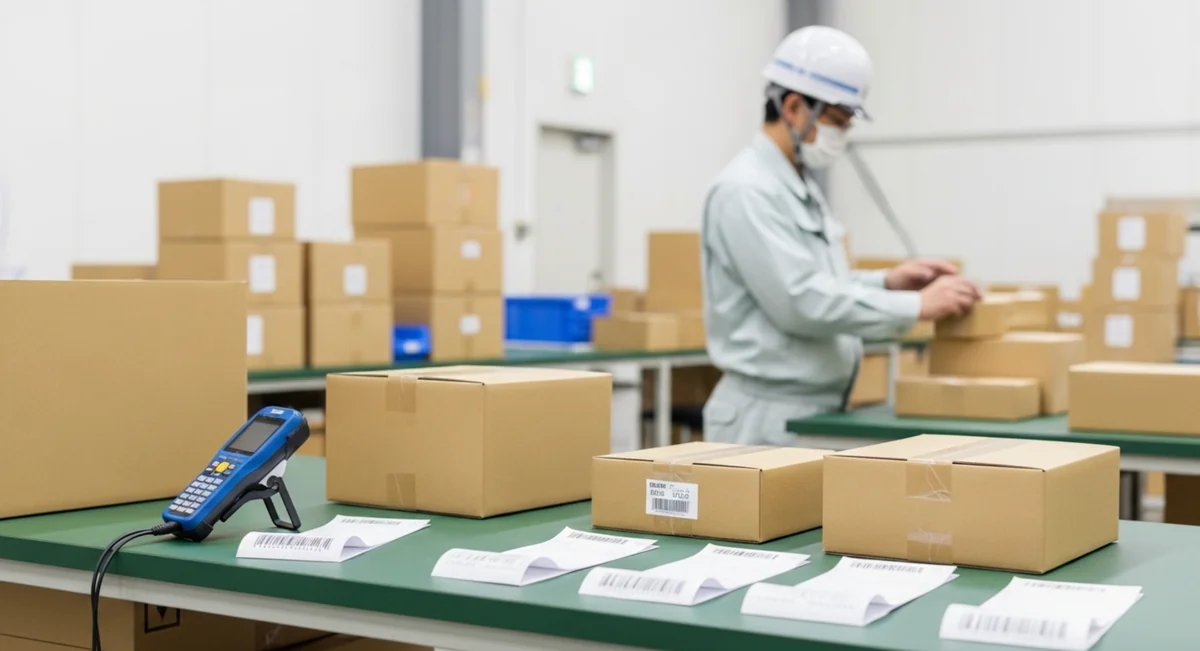 梱包後にバーコードスキャンで出荷確認する作業員の様子