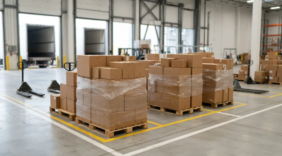 出荷用にラップで梱包されたパレットが積まれた倉庫の様子