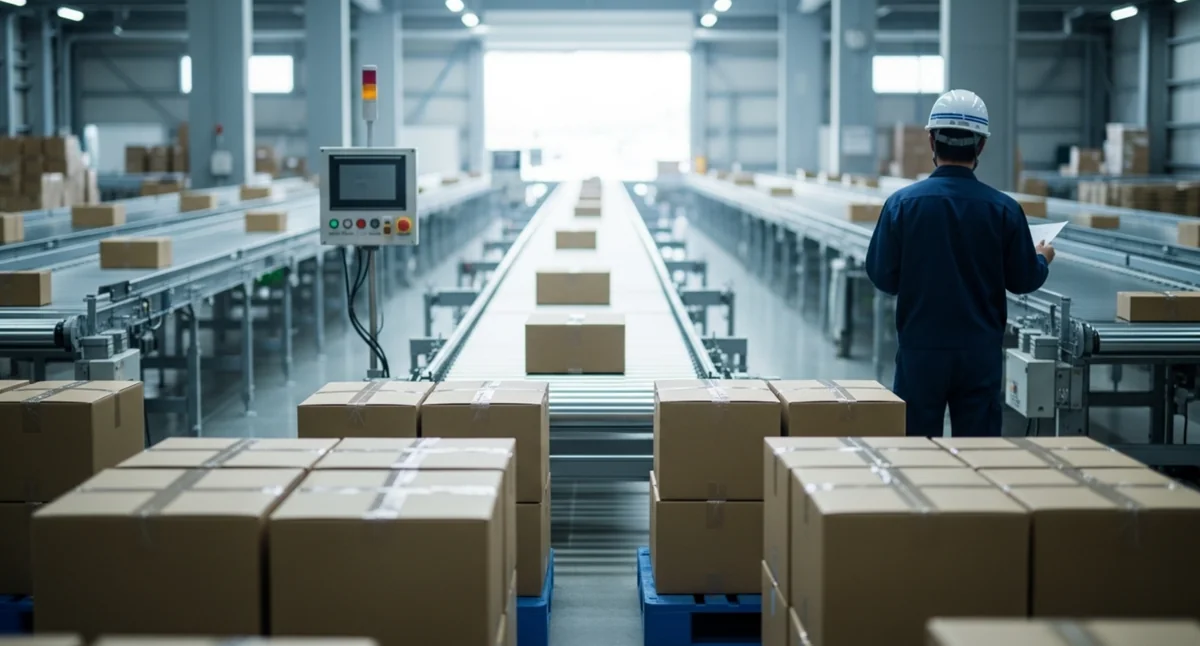 自動コンベアラインで梱包処理される商品と監視する作業員