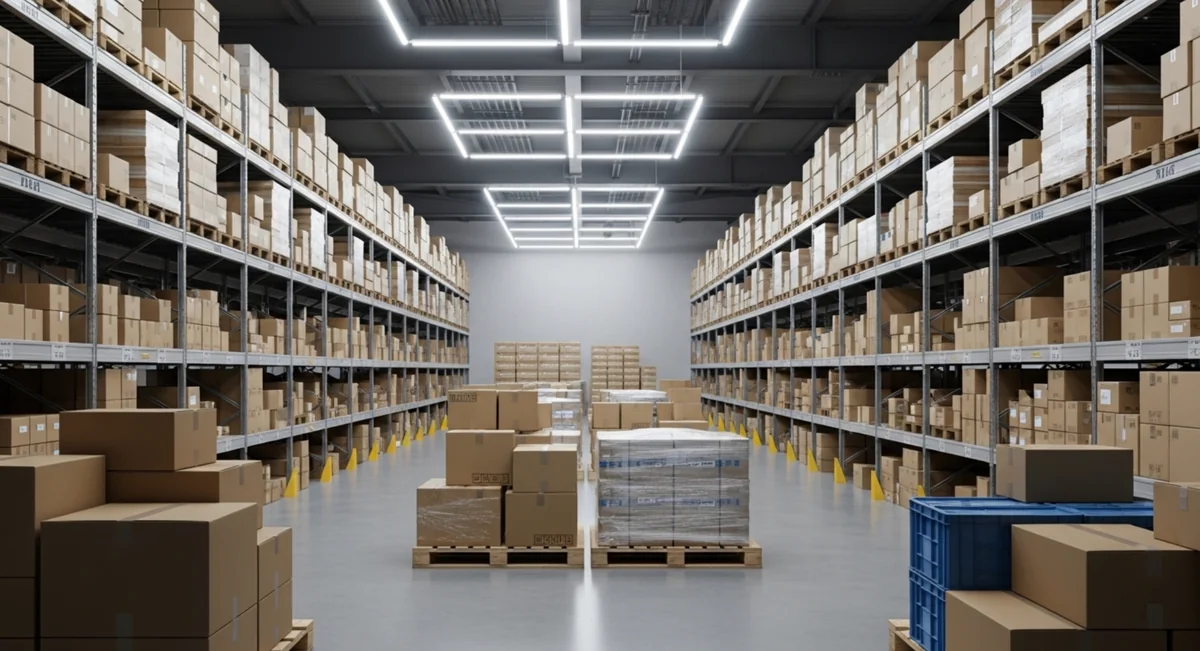 包装機が稼働する物流倉庫の全景を示す画像