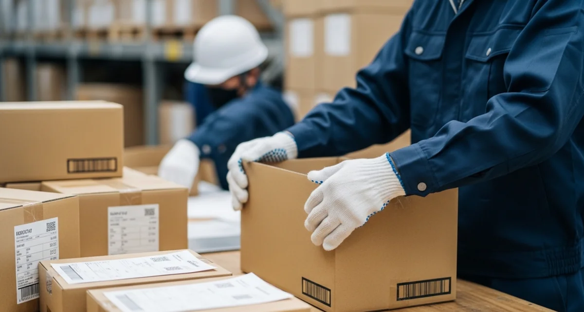 包装機を操作する作業員の効率的な梱包作業シーン