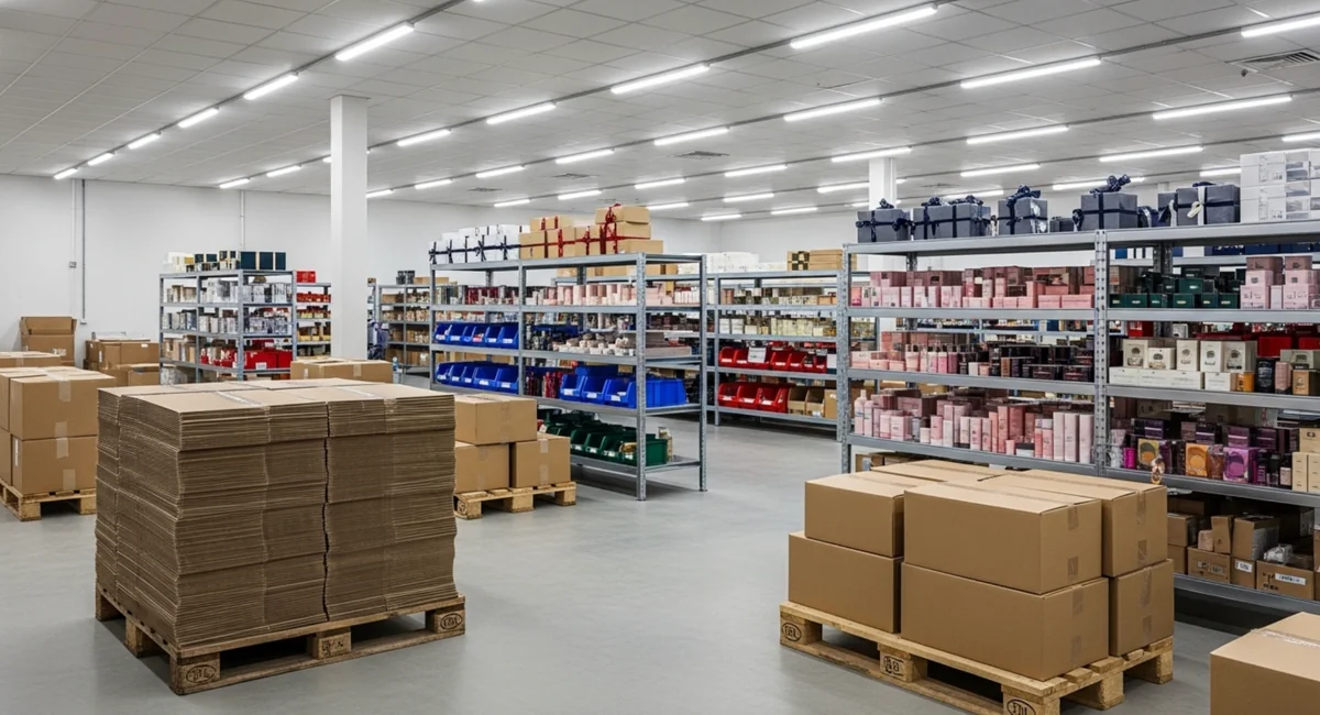 倉庫の棚に並んだ多様な包装形態の商品群