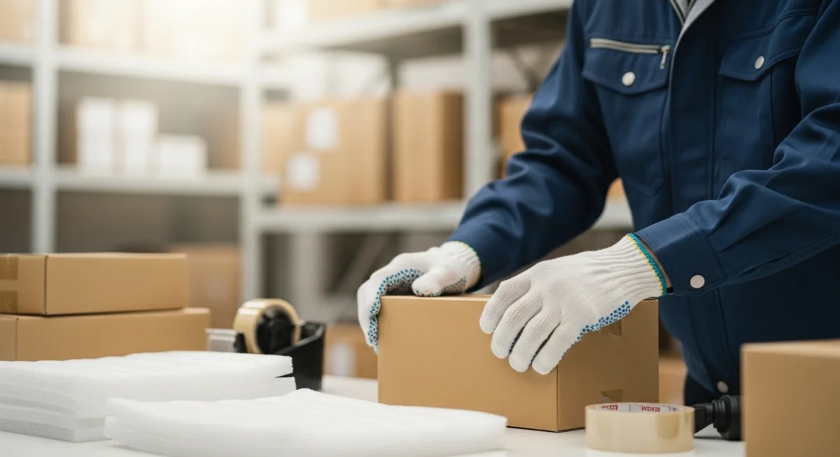 ダンボール箱をテープで封緘する梱包作業員の様子