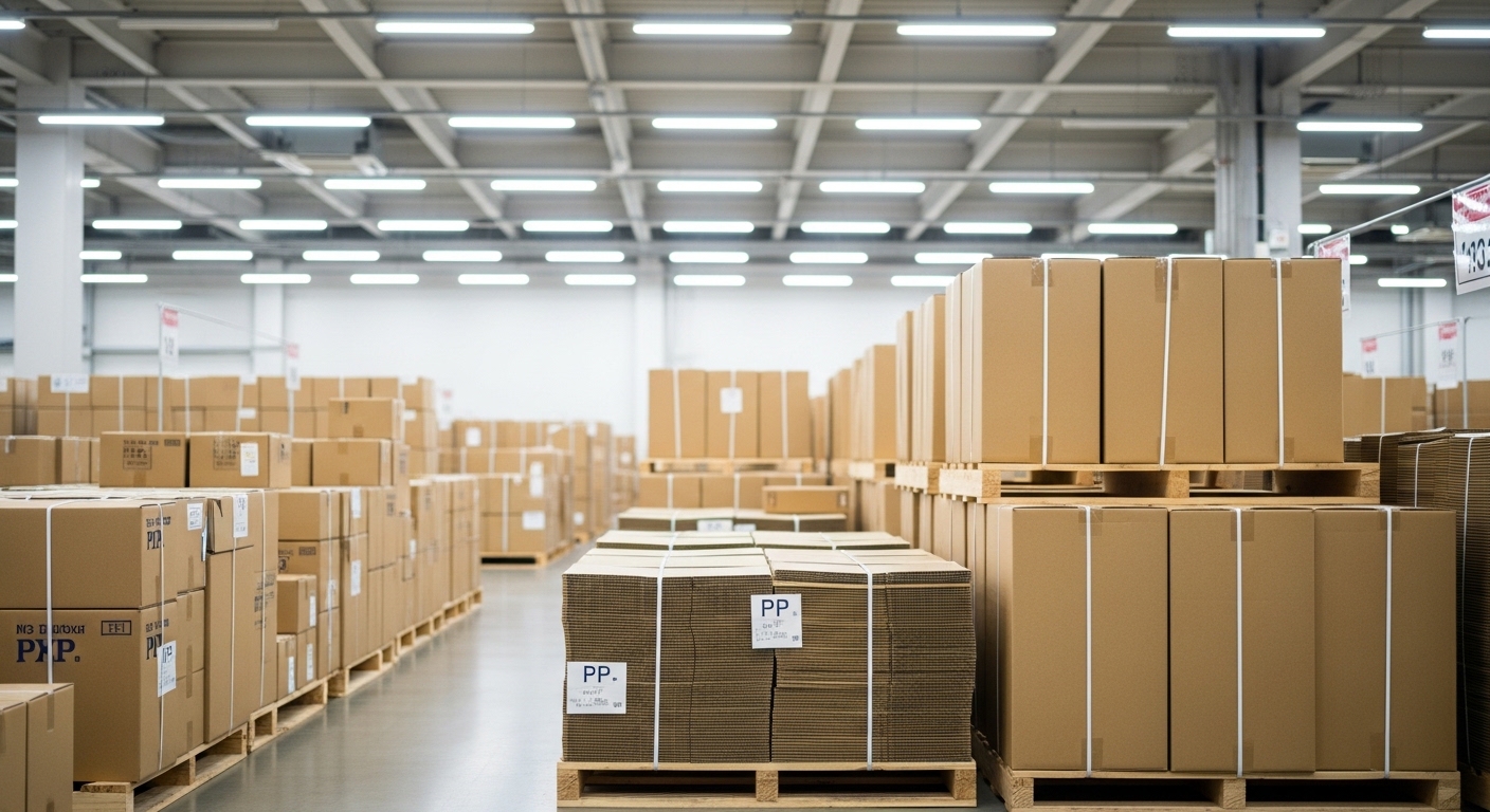 梱包機で段ボールを結束している作業風景