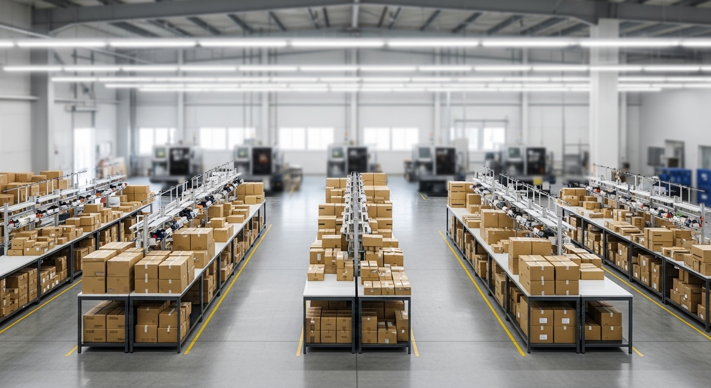 搬送ラインに組み込まれた全自動梱包機