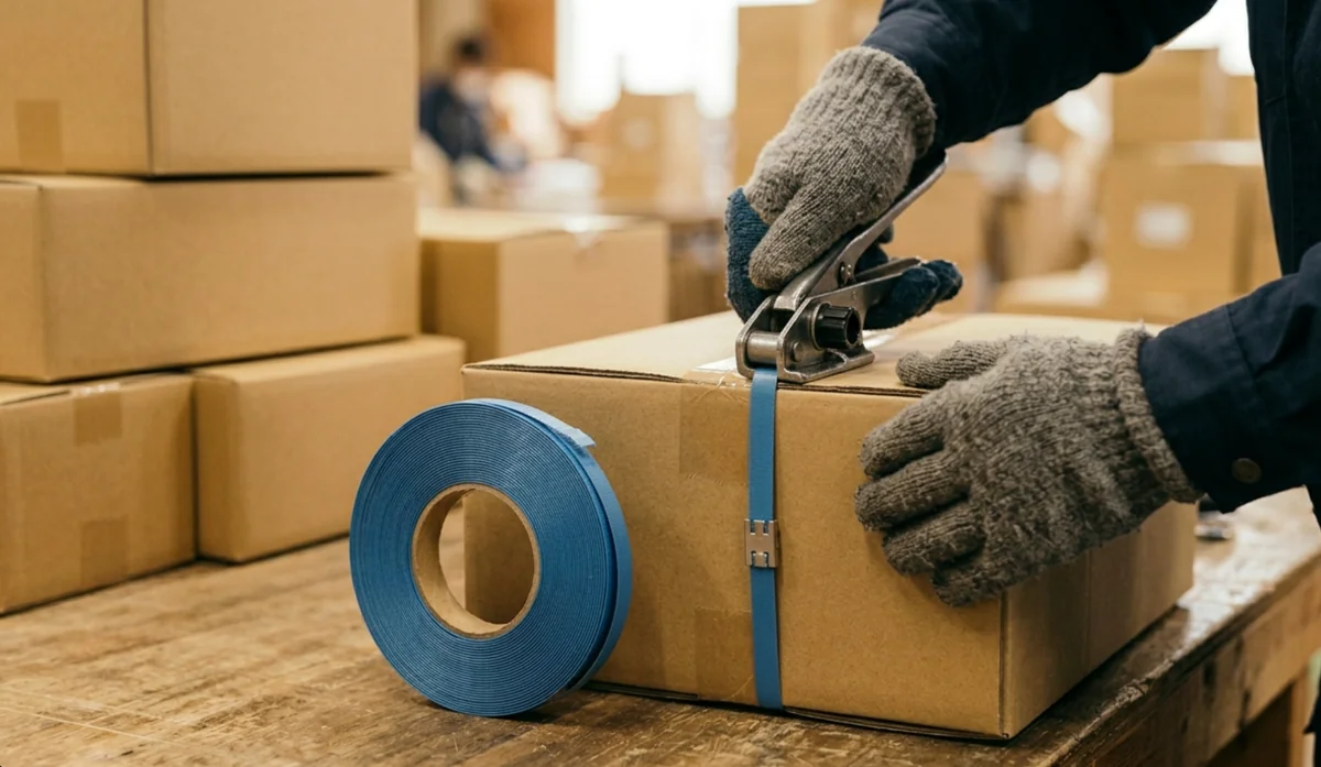 手動梱包機の使い方と荷姿別のバンドの掛け方・操作手順を示した実務イメージ