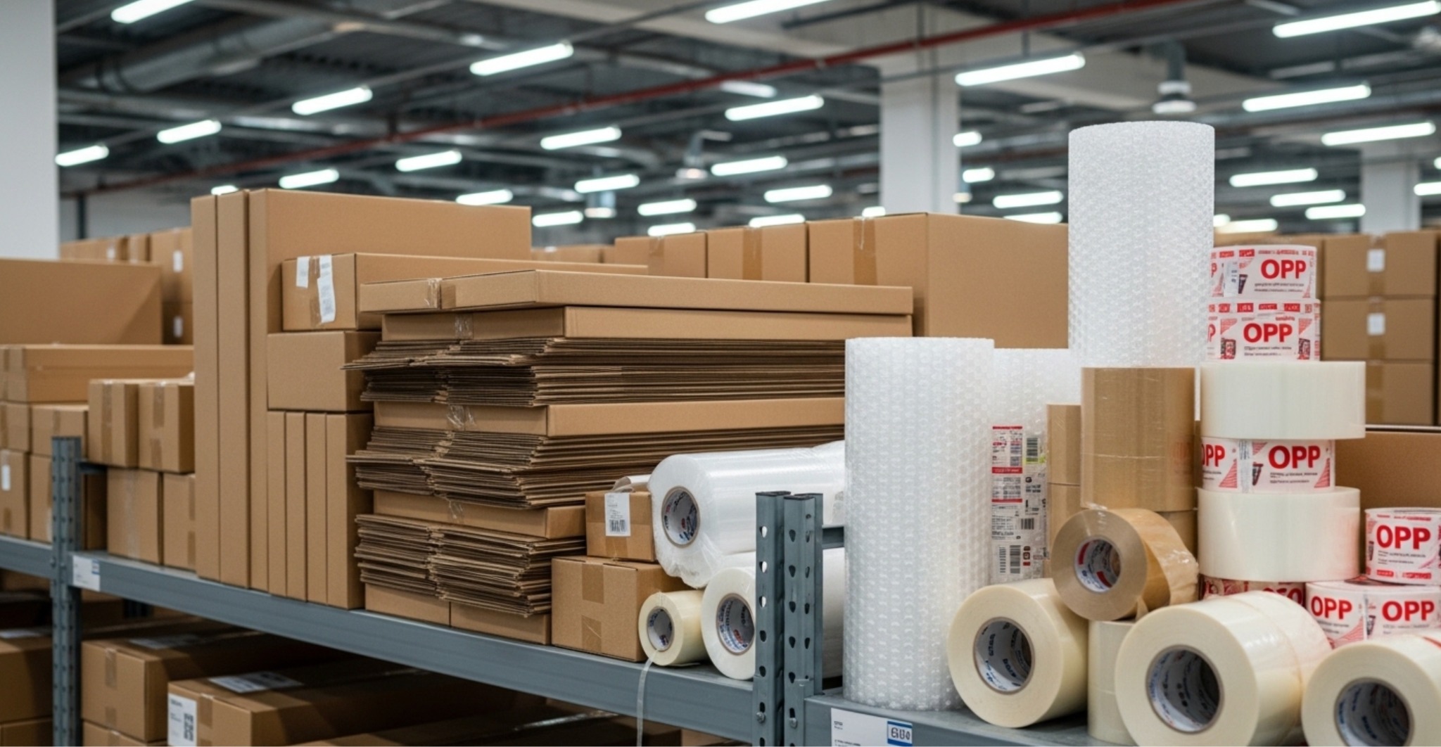 ダンボール箱・緩衝材・粘着テープ・ラベルの4資材と宅配便サイズ規格を示した一覧表