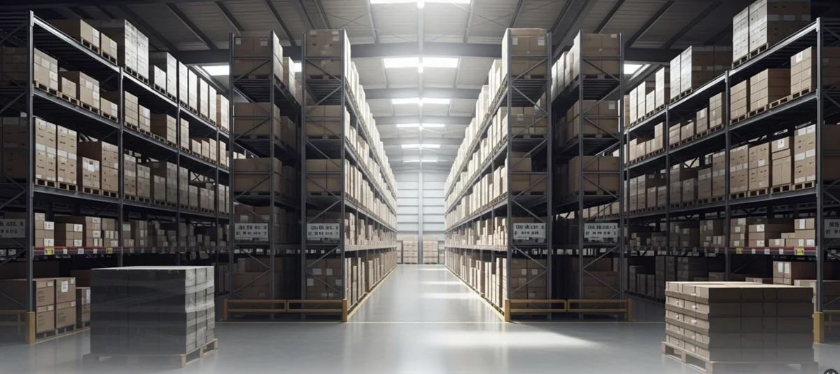 シュリンク包装された商品が倉庫に保管されている様子