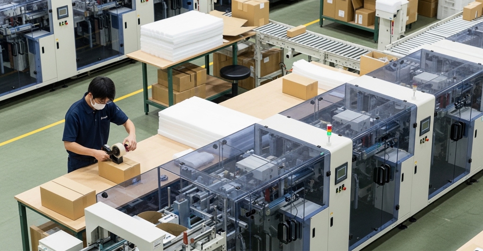 WMSと自動梱包ライン連携で倉庫全体を最適化する情報と物理作業のフロー図